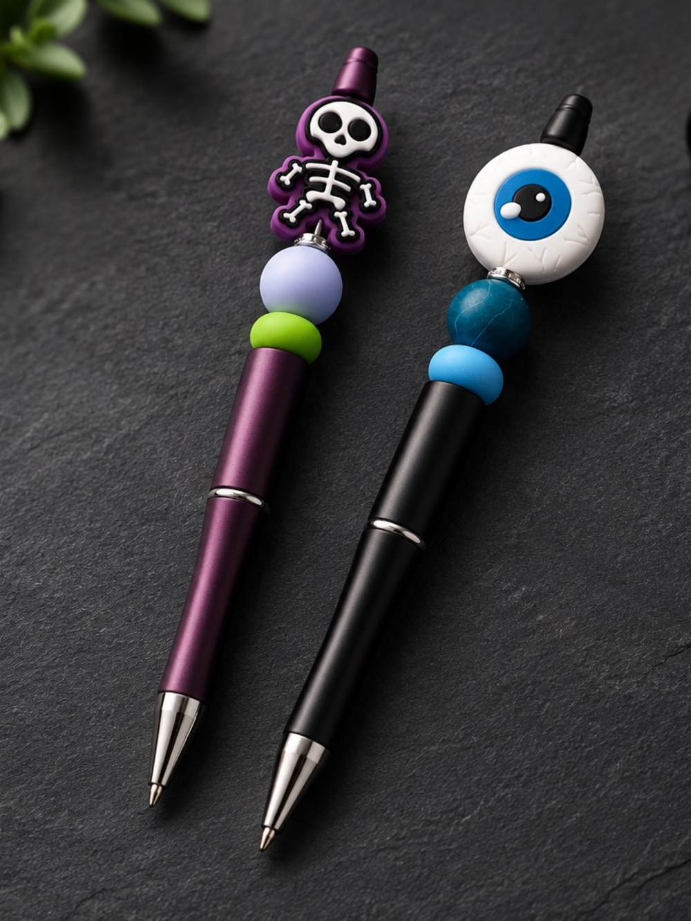 Handmade Halloween Purple Skeleton and Black Eyeball Decorative Pen Set